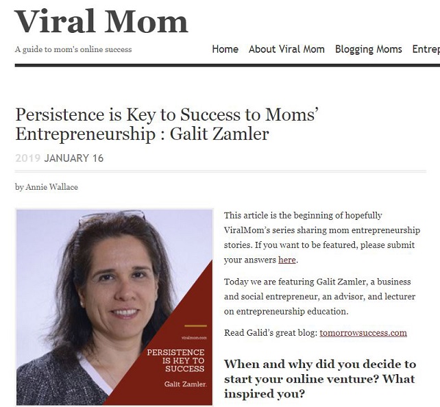  Internet magazine Viral Mom interviewed Galit Zamler as an entrepreneur